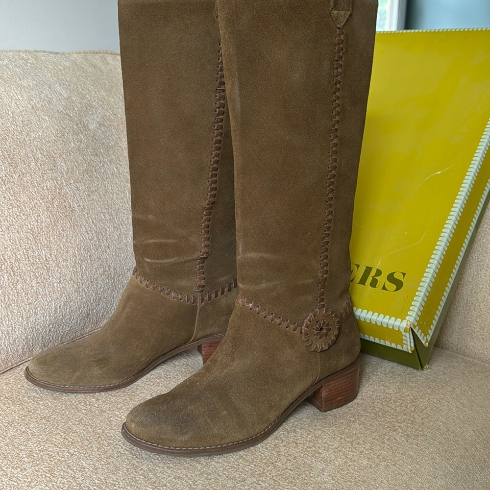 Brown leather suede boots from Jack Rogers. Riding boot style.